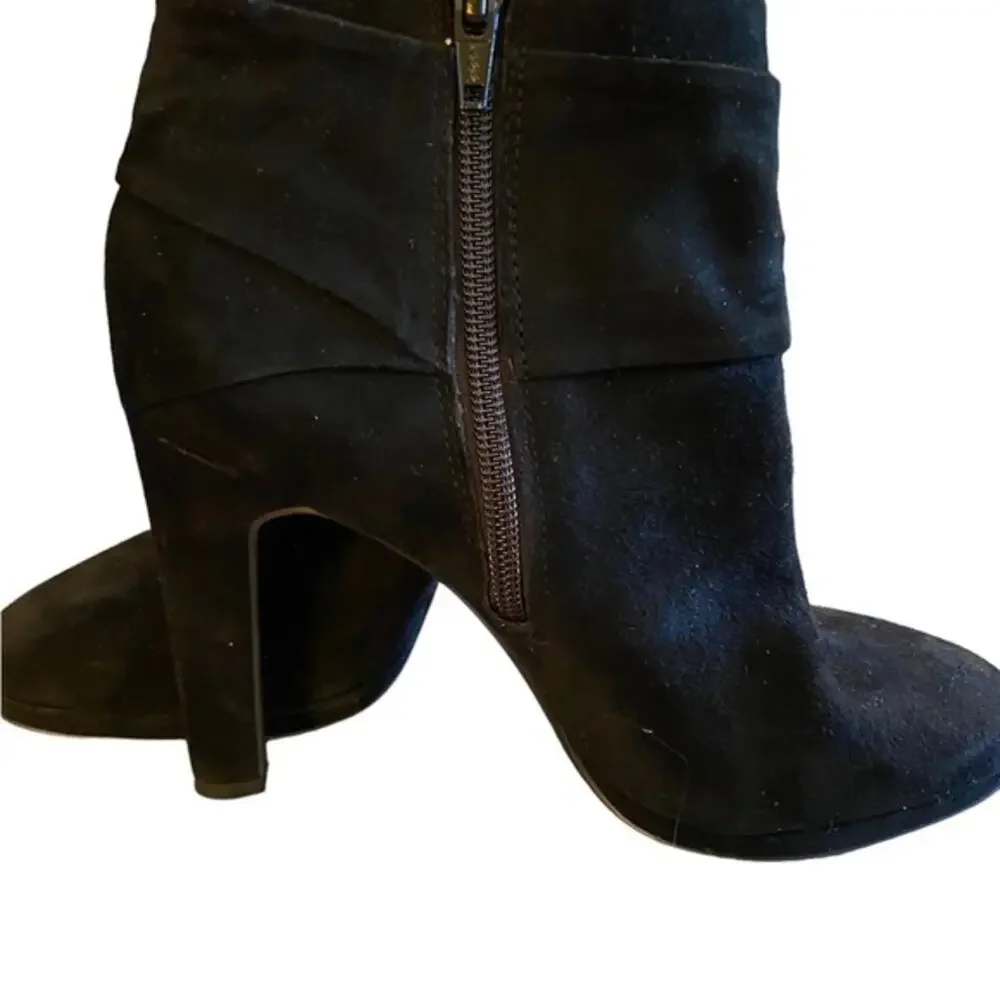 Gianni Bini Black Suede High Heel Bootie Size 6.5 Bow & Zipper Size 6 1/2.